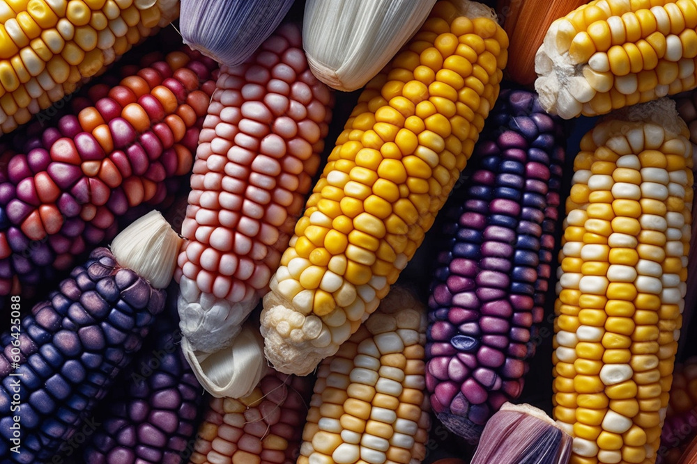 A visually striking image of maize corn kernels in various colors