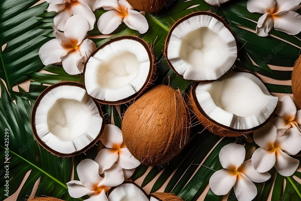 Tropical Delight: Coconut Slices with Leaves and Flowers for Summer Aesthetic Tropical Delight: Coconut Slices with Leaves and Flowers for Summer Aesthetic