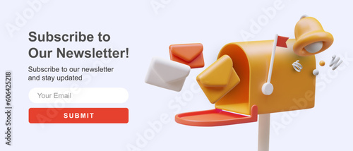 Opened 3D mailbox. Bright color subscription design template. Banner with elements in cartoon style. Horizontal template for registration. Follow news of site, store, social network, blog