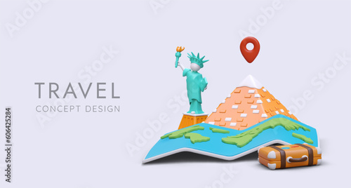 Choose your tourist route. Visit interesting country. Advertising banner with various world monuments of architecture. Statues, pyramids, buildings. Color concept for tourism business