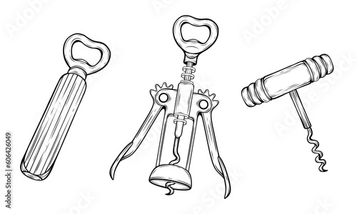 Set of bottle wine openers line art hand drawn vector illustration