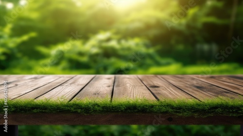 wooden table and green grass, ai generative