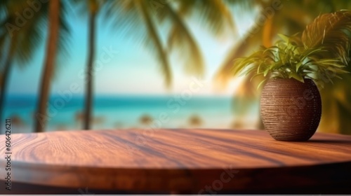  wooden table in front of palm trees and sea, ai generative