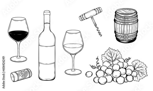 Set of wine bottle glasses barrel grapes cork wine opener hand drawn vector illustration