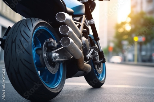 Rear wheel of sports motorcycle on road, Motorbike parked on a street, Freedom and travel concept