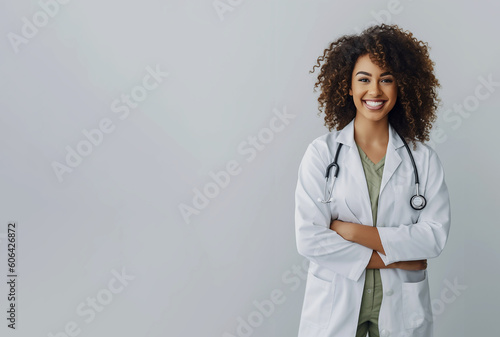 A beautiful afro-american happy doctor in medical uniform wear, generative ai photo