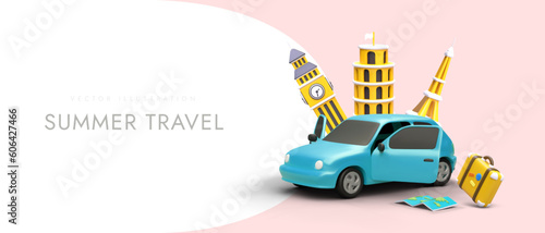 Summer road trip through Europe. Active family vacation. Route construction assistance service. Tour guide, list of places to visit. Tourist tricks. Color banner in cartoon style with text