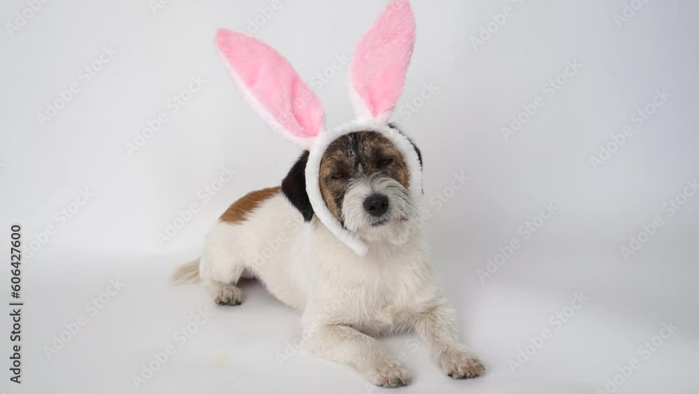 Cheerful Jack Russell Terrier dog with hare ears on a white background. Easter concept. Cheerful Jack Russell Terrier dog with hare ears on a white background. Easter concept.