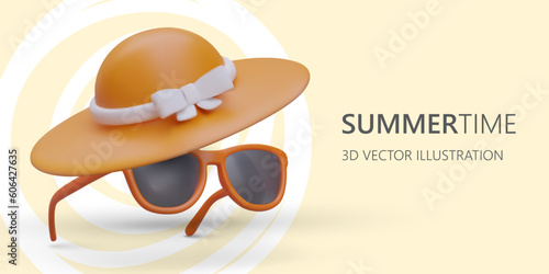 Summer time. Women wide brimmed sun hat, sunglasses. Color banner with 3D images and place for text. Time for rest and travel. Tanning season. Accessories for hot weather