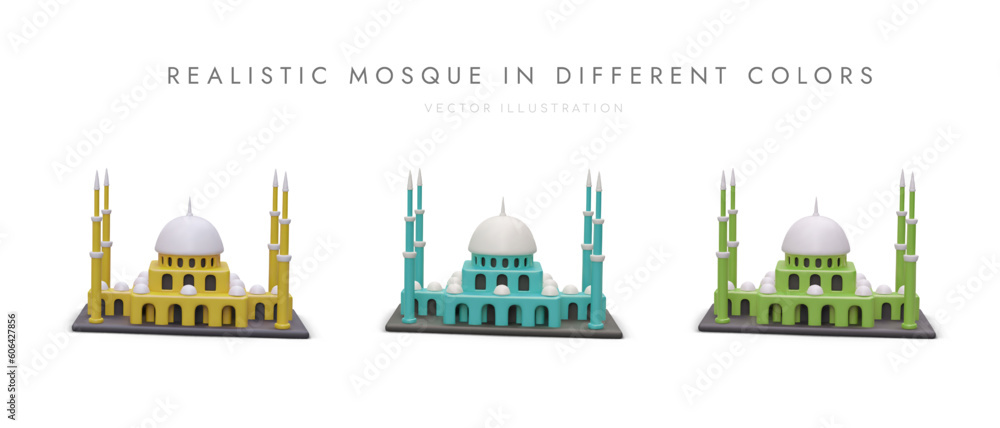 Set of 3D mosques in different colors. Isolated modern icons on ...