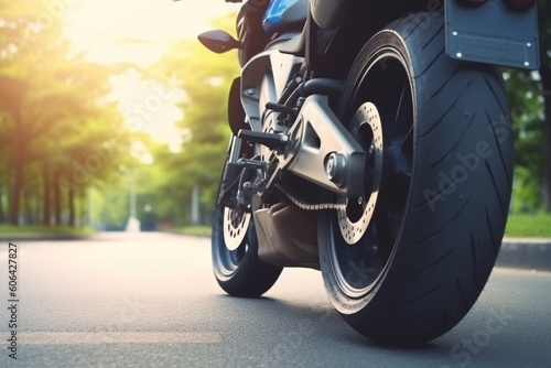 Rear wheel of sports motorcycle on road, Motorbike parked on a street, Freedom and travel concept