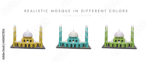 Set of 3D mosques in different colors. Isolated modern icons on architectural theme. Historical monuments of world. Muslim mausoleum. Collection of vector realistic mosques on white background