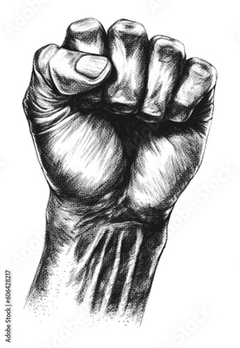 Hand drawn fist, hand. Retro halftone collage element. Vector illustration of grunge art templates. Dotted pop art vintage style. 