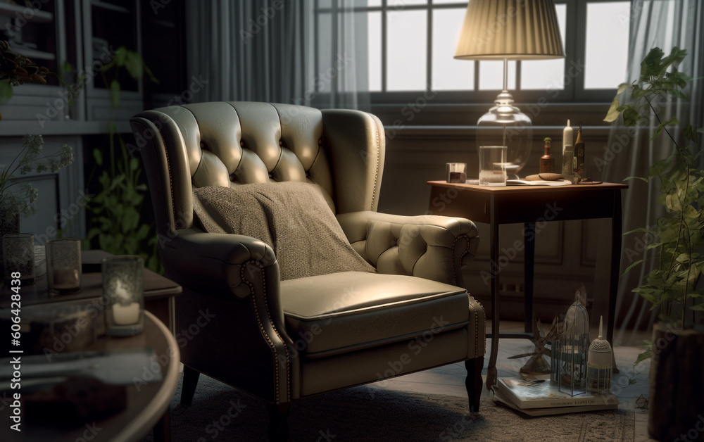 living room featuring an ivory armchair, Generative AI living room featuring an ivory armchair, Generative AI