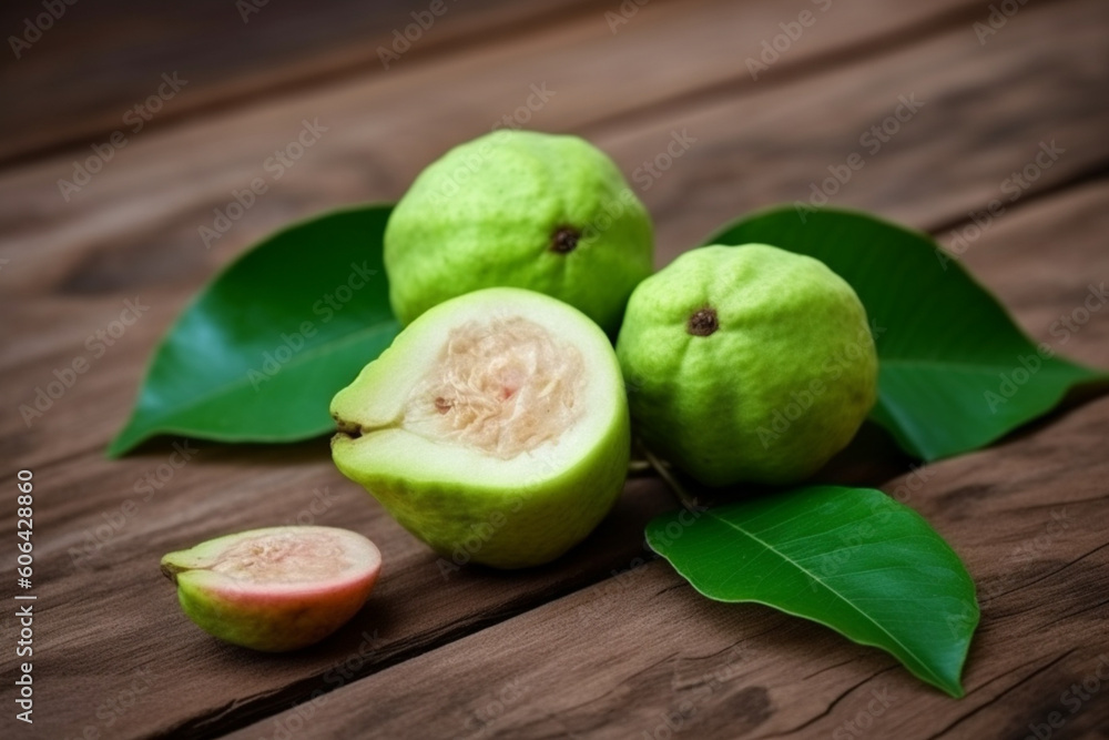 ripe guava fruits and real guava tree leaves over wooden background,