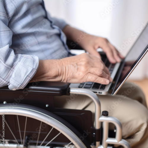 Ai-generated photo of old man in a wheelchair uses a laptop, no face