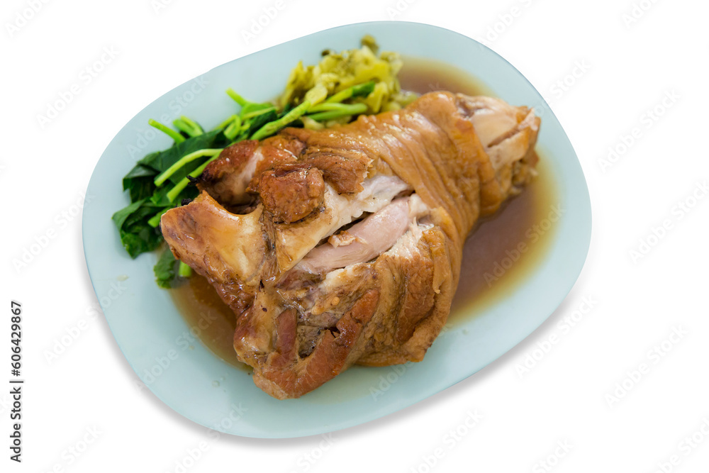 Top view of Braised Pork Hock with kale, focus selective Top view of Braised Pork Hock with kale, focus selective