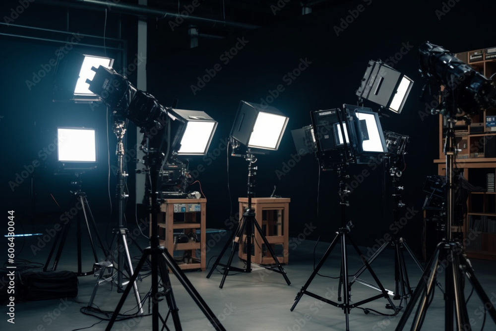 Studio video production lighting set, Behind the scenes shooting production set up by crew team camera and equipment in studio, Video production filming or commercial movie film live streaming online,