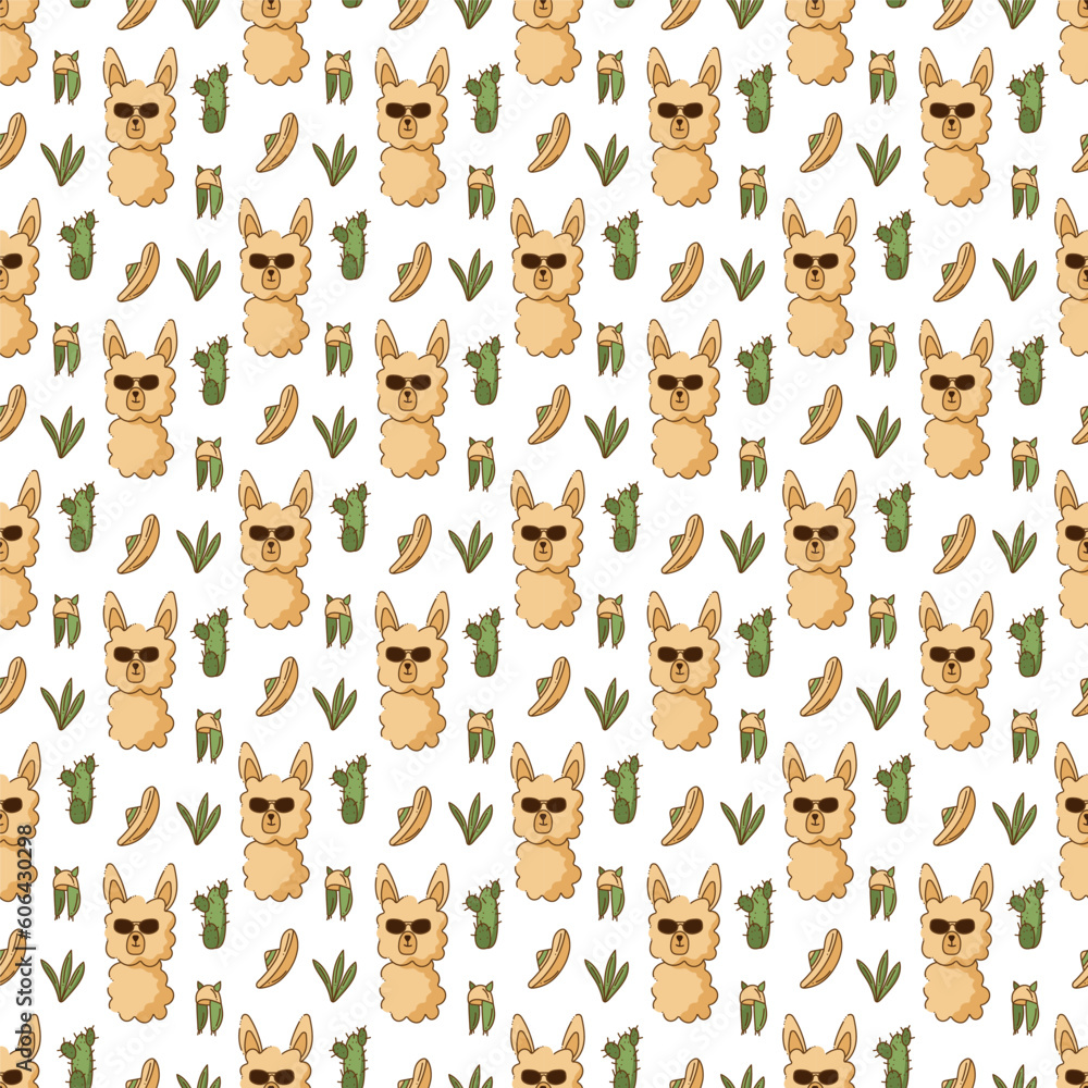 Fototapeta premium Seamless pattern in y2k style with a cute lama character in sunglasses, cacti, hats. Cartoon flat color vector illustration.