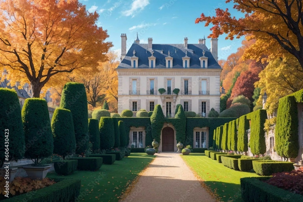 Illustration of a Renaissance architecture style French Castle in a French Garden on a beautiful autumn day - Generative AI Illustration of a Renaissance architecture style French Castle in a French Garden on a beautiful autumn day - Generative AI
