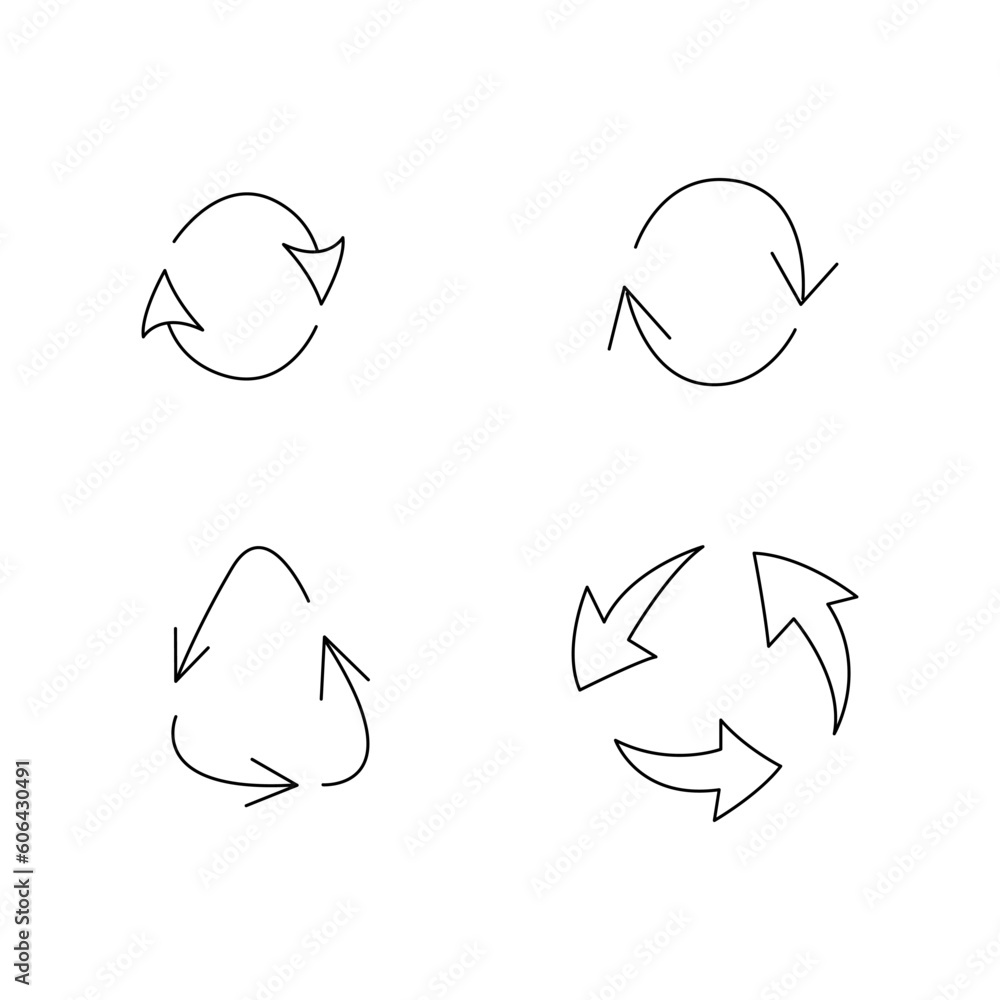 A small set of four recycling arrows. Doodle black and white vector illustration. A small set of four recycling arrows. Doodle black and white vector illustration.