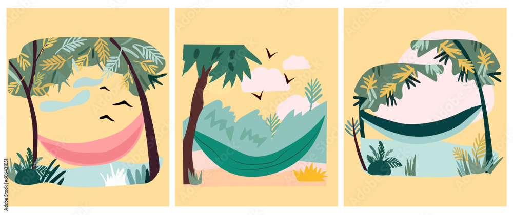 A picturesque place with hammocks. This illustration embodies the essence of summer vacation and relaxation, capturing the allure of nature. Concept vacation and happiness. . Vector illustration