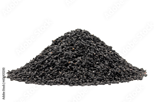 Black cumin or nigella sativa isolated on white background. Pile of black cumin seeds. Kalonji, nigella, black cumin