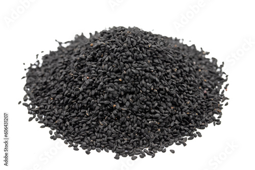 Black cumin or nigella sativa isolated on white background. Pile of black cumin seeds. Kalonji, nigella, black cumin. Close up