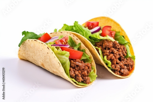 Two tacos with ground beef and lime isolated on white background