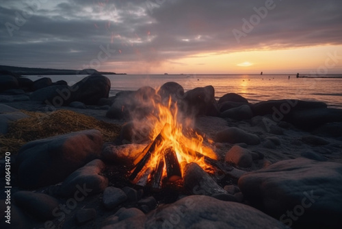 Summer Camp fire burning in stones on the pebble beach and against sea coast line rocks and sunset sky,