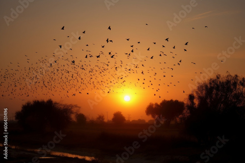 Sun shining and birds silhouettes flying sunset sky go home