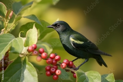 The fruits of unripe aronia the hummingbird bird flew up to the berries a sunny summer day in nature the period of flowering berries and food for birds,