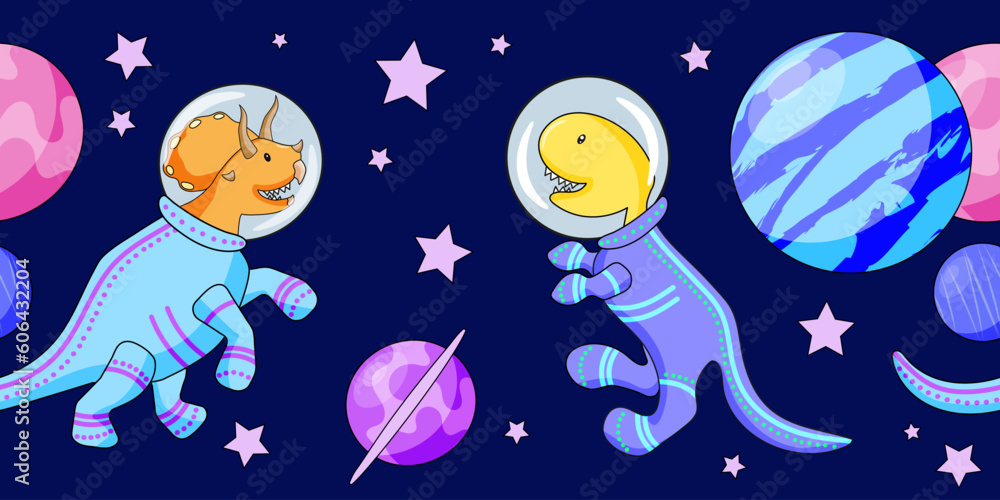 Naklejka premium Colorful seamless border with dinosaurs astronauts, planets and stars on dark blue background. Cartoon vector illustration.