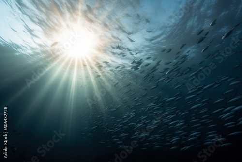 School of jackfish with ray of light in the ocean at Losin Thailand photo
