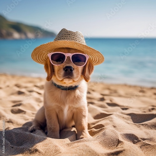 Dog on the beach with hat , ai generated.