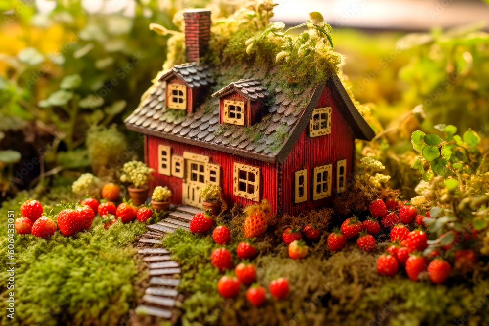 Miniature red house on moss.AI generated