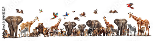  Many wild animals, elephants, zebras, giraffes, birds, tigers, lions, rhinos, tigers, leopards on a transparent background (PNG). Generative AI.