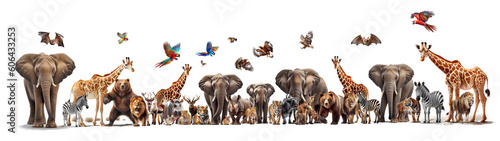 Many wild animals, elephants, zebras, giraffes, birds, tigers, lions, rhinos, tigers, leopards on a transparent background (PNG). Generative AI.