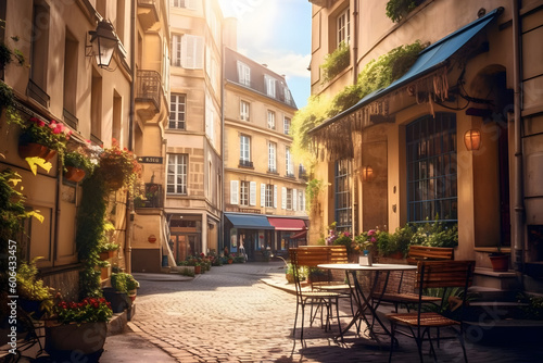France street-side cafes, or locals enjoying a traditional meal with a backdrop of beautiful architecture ai generated art Generative AI © mihail