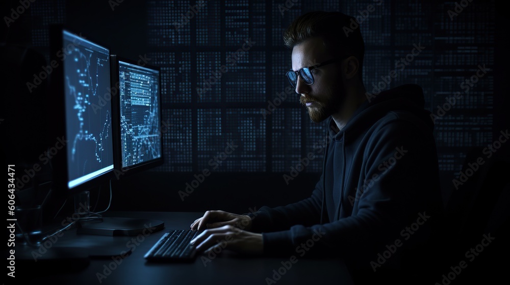 a hacker with a pc and monitors a hacker with a pc and monitors