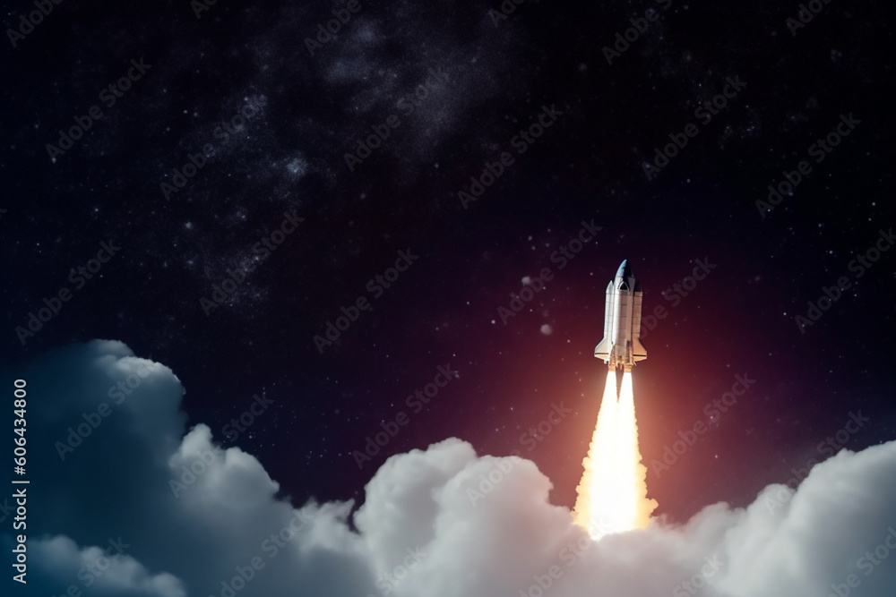 Fototapeta premium Rocket lift off into space, Spaceship launch with smoke on the starry sky, Space and travel wallpaper, Copy space for design and text