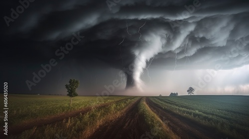 Tornado spins beneath a supercell thunderstorm. Generative AI