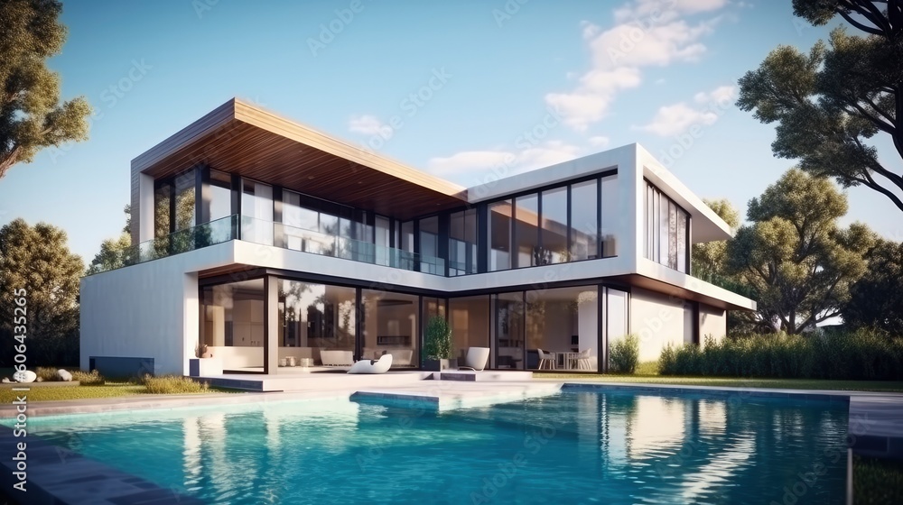 Exterior Of Luxurious Modern Villa With Swimming Pool. Generative AI