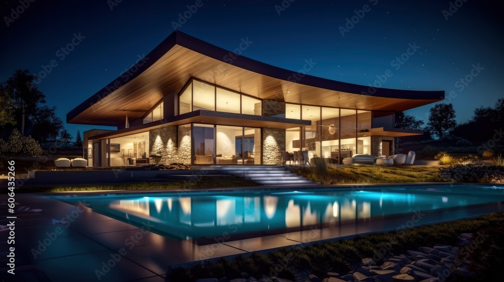 Evening view of a modern large house with swimming pool . Generative AI