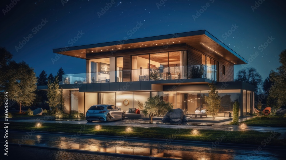 Evening view of a modern beautiful house with swimming pool . Generative AI