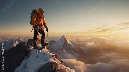 Alpinist at the top of a mountain. Generative AI