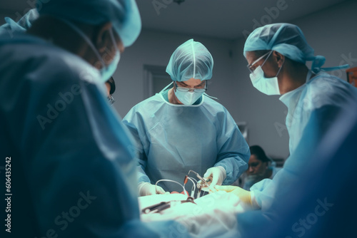 Murais de parede Team of unrecognizable surgeon doctors are performing heart operation for patien