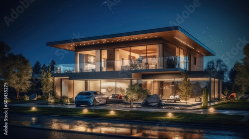 Evening view of a modern beautiful house with swimming pool . Generative AI © Fly Frames