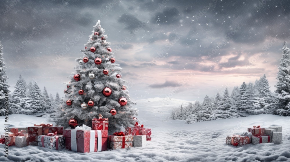 Christmas tree with gifts in red and silver on a panoramic snow background. Generative AI