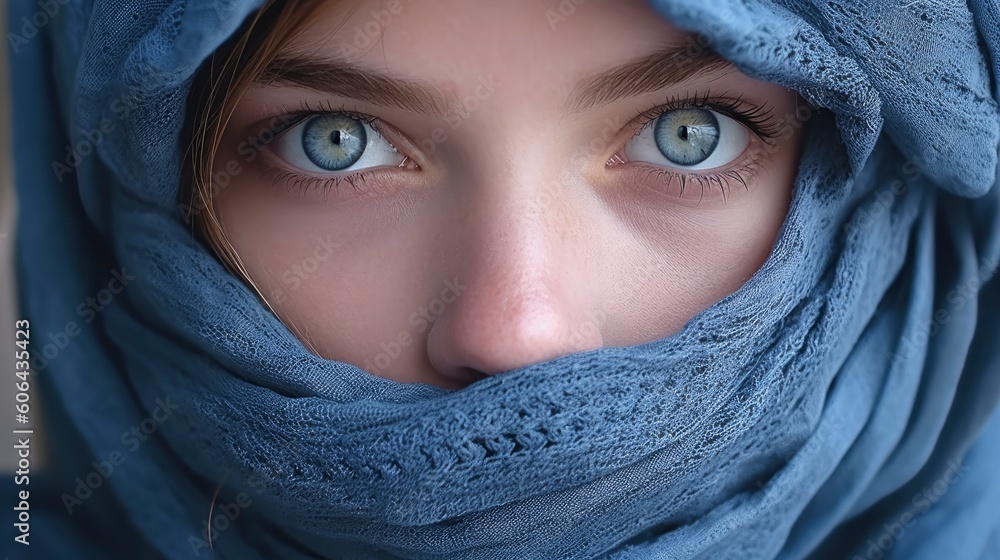 Close up of blue eyes of a girl with face wrapped in a blue scarf.. Generative AI Close up of blue eyes of a girl with face wrapped in a blue scarf.. Generative AI